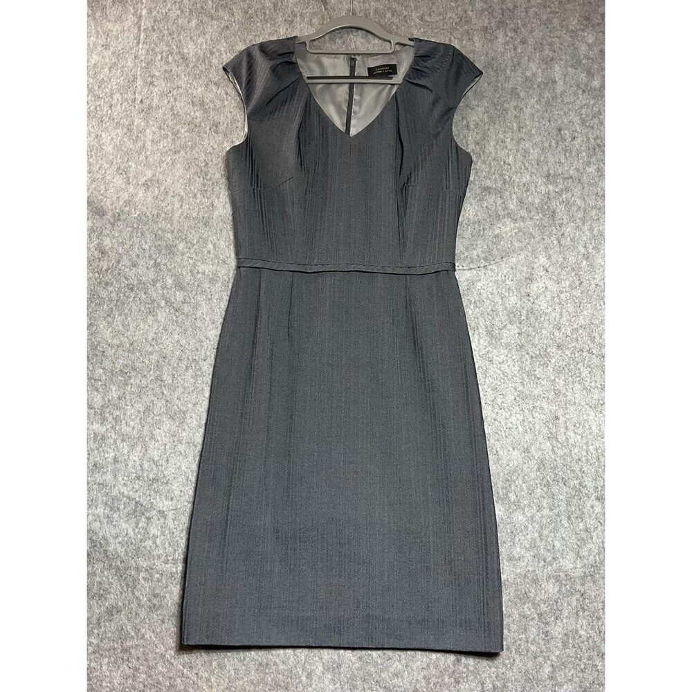 Tahari Arthur S Levine Dress Womens 6 Gray Herringbone Sheath Cap Sleeve V Neck